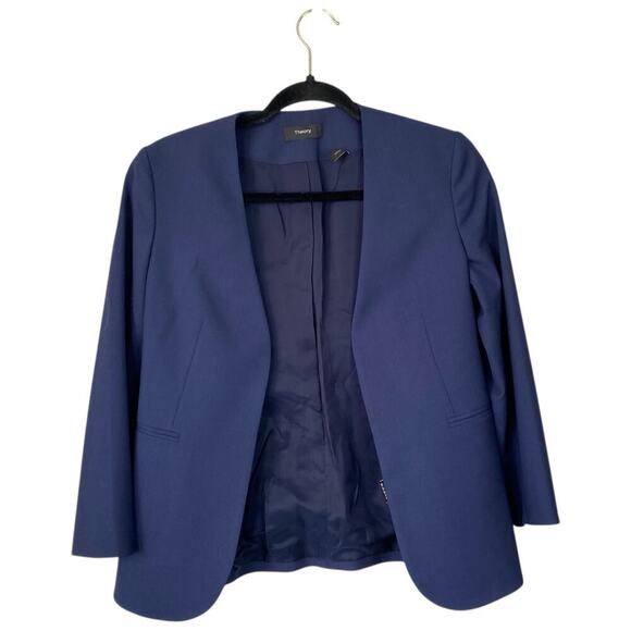 THEORY Lindrayia Blazer Navy Sea Blue Size 2 Collarless Jacket Wool Business - Picture 3 of 8